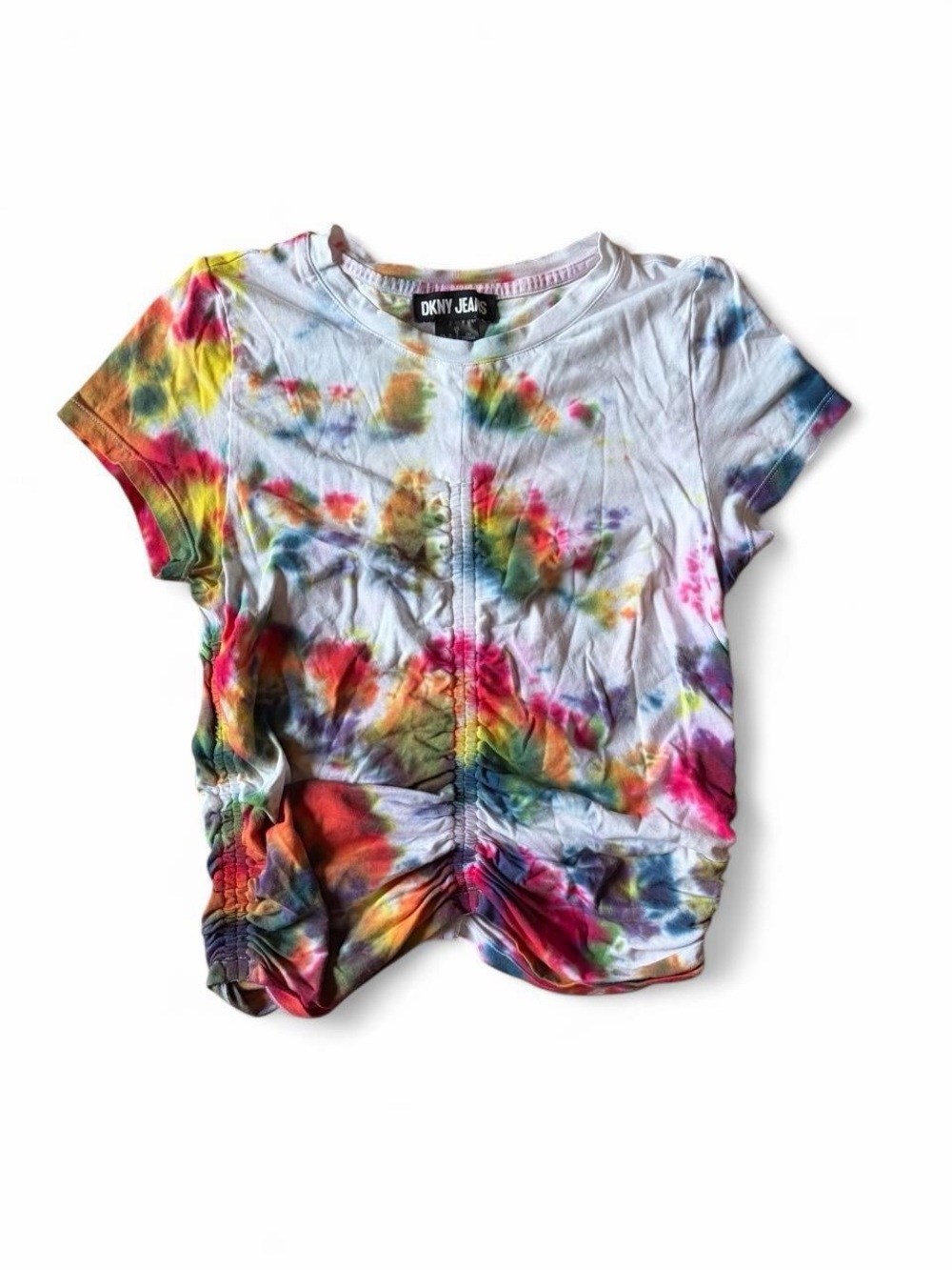 DKNY Multicolor Tie-Dye Ruched Short Sleeve Tee, M